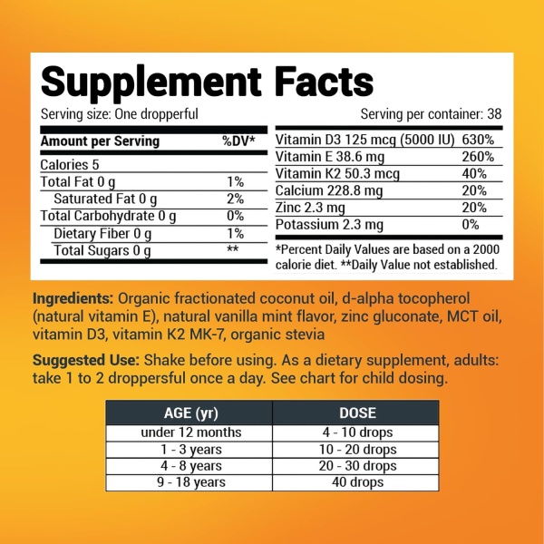 Dr. Berg Liquid Vitamin D3 & K2, Premium Drops with MCT Oil & Zinc, Ingredients.