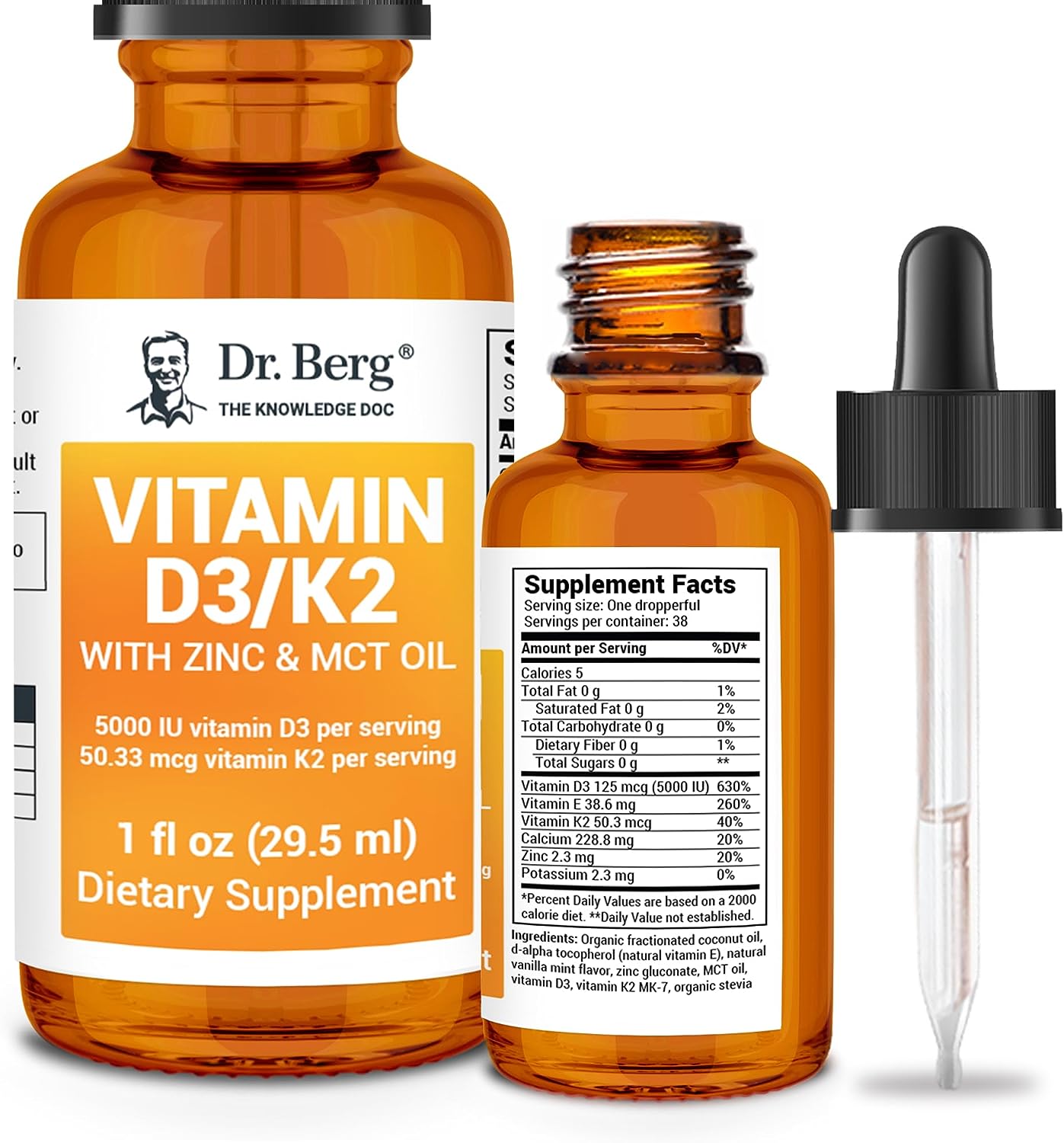 Dr. Berg Liquid Vitamin D3 & K2, Premium Drops with MCT Oil & Zinc, Ingredients.