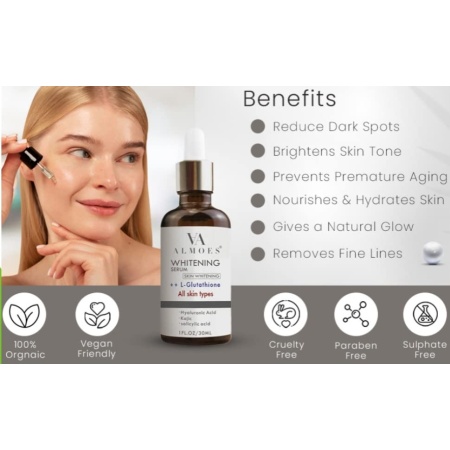 ALMOES,L-Glutathione Serum for skin Brightening, Balance skin tone, Improve Elasticity- With Hyaluronic acid, Salicylic acid, Kojic acid, 30ML