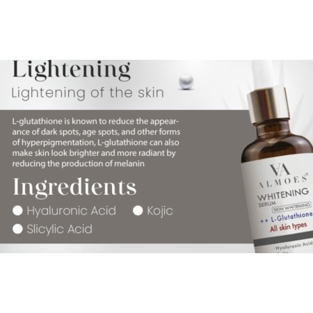 ALMOES,L-Glutathione Serum for skin Brightening, Balance skin tone, Improve Elasticity- With Hyaluronic acid, Salicylic acid, Kojic acid, 30ML