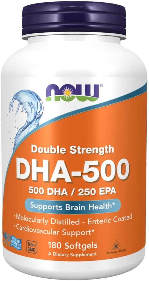 NOW Supplements, DHA-500 with 250 EPA, Molecularly Distilled, Supports Brain Health, 180 Softgels