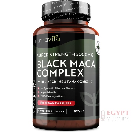 Nutravita Maca Root Capsules 5000mg (High Strength) – 180 Vegan Black (6 Month Supply) 100% Peruvian with L-Arginine, Panax Ginseng & Pepper