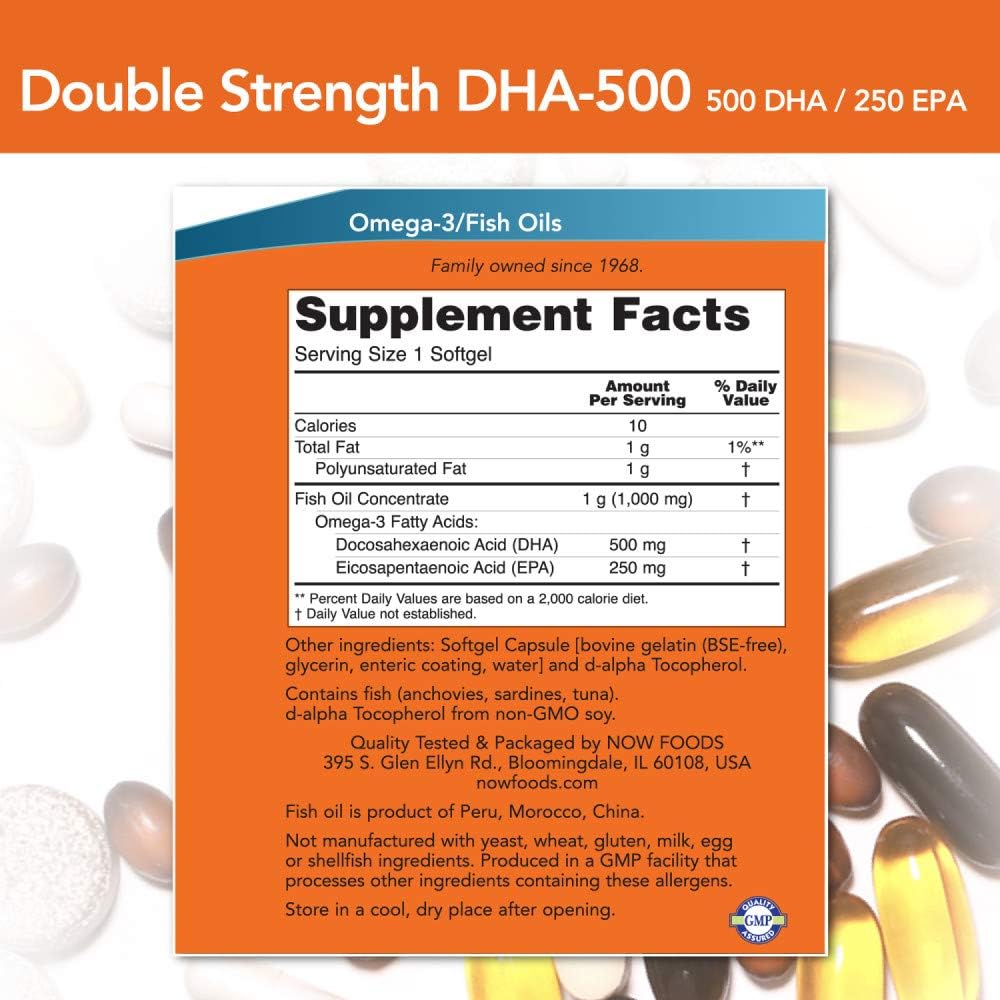 NOW Supplements, DHA-500 with 250 EPA, Molecularly Distilled, Supports Brain Health, 180 Softgels - Image 2