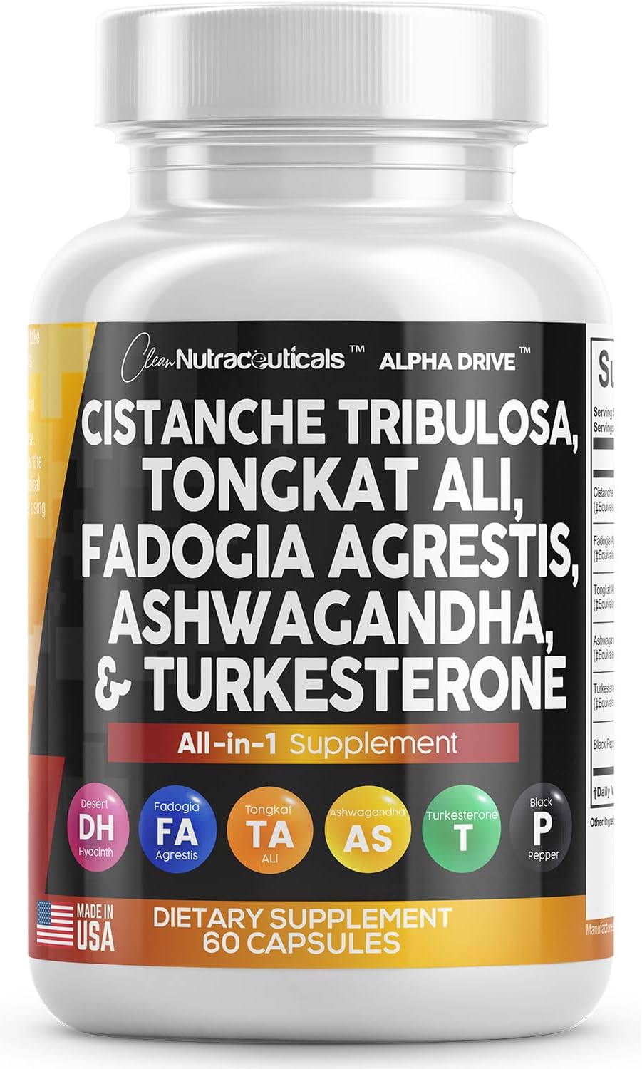 Clean Nutra Cistanche Tribulosa 6000mg Fadogia Agrestis 600mg Tongkat Ali 400mg Turkesterone Pills 2000mg Ashwagandha Extract 3000mg Capsules Supplement for Men - 60 Capsules
