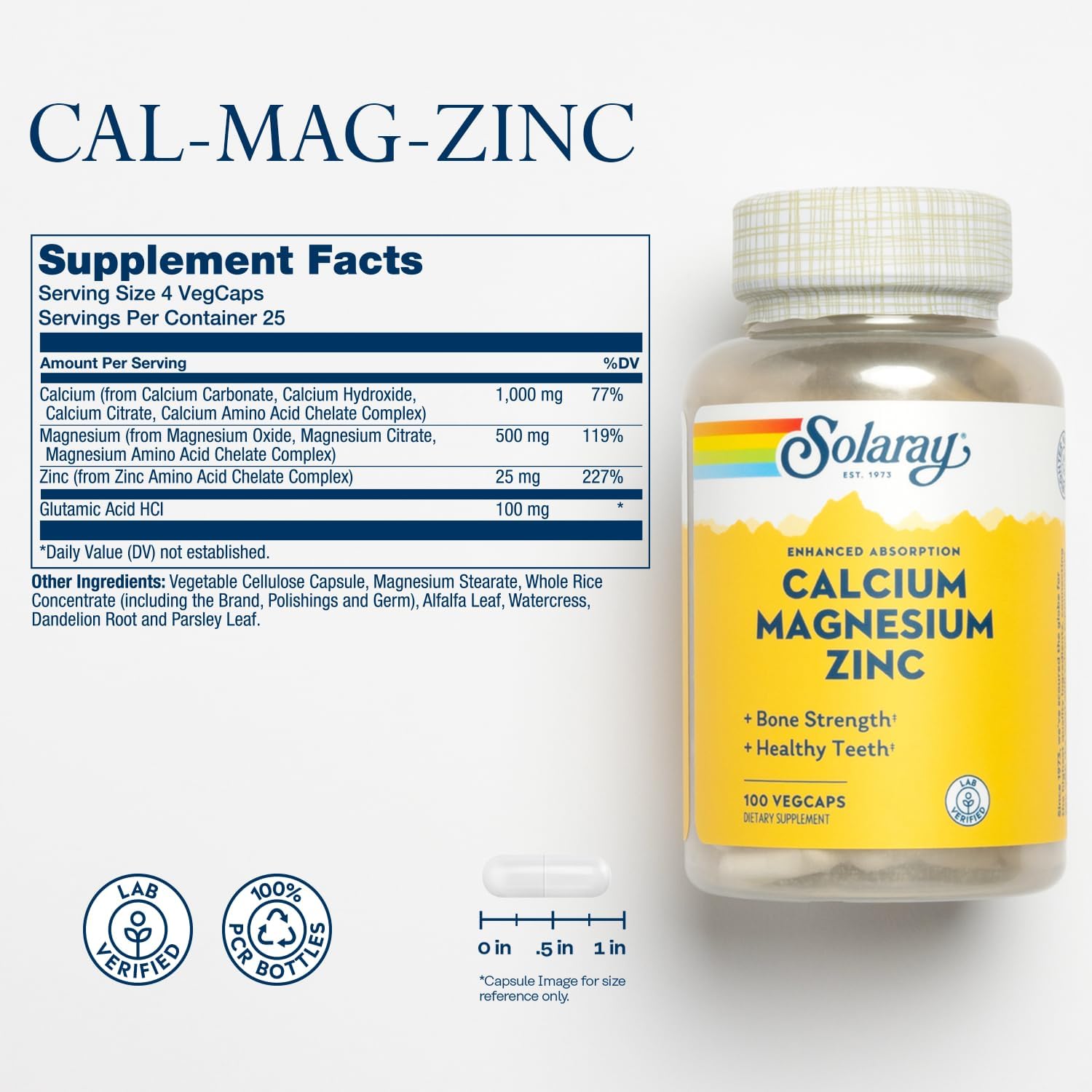 Solaray Calcium, Magnesium, Zinc | High Absorption with Glutamic Acid | Healthy Bones, Teeth, Nerve, Muscle, Heart & Immune Function Support | 100ct