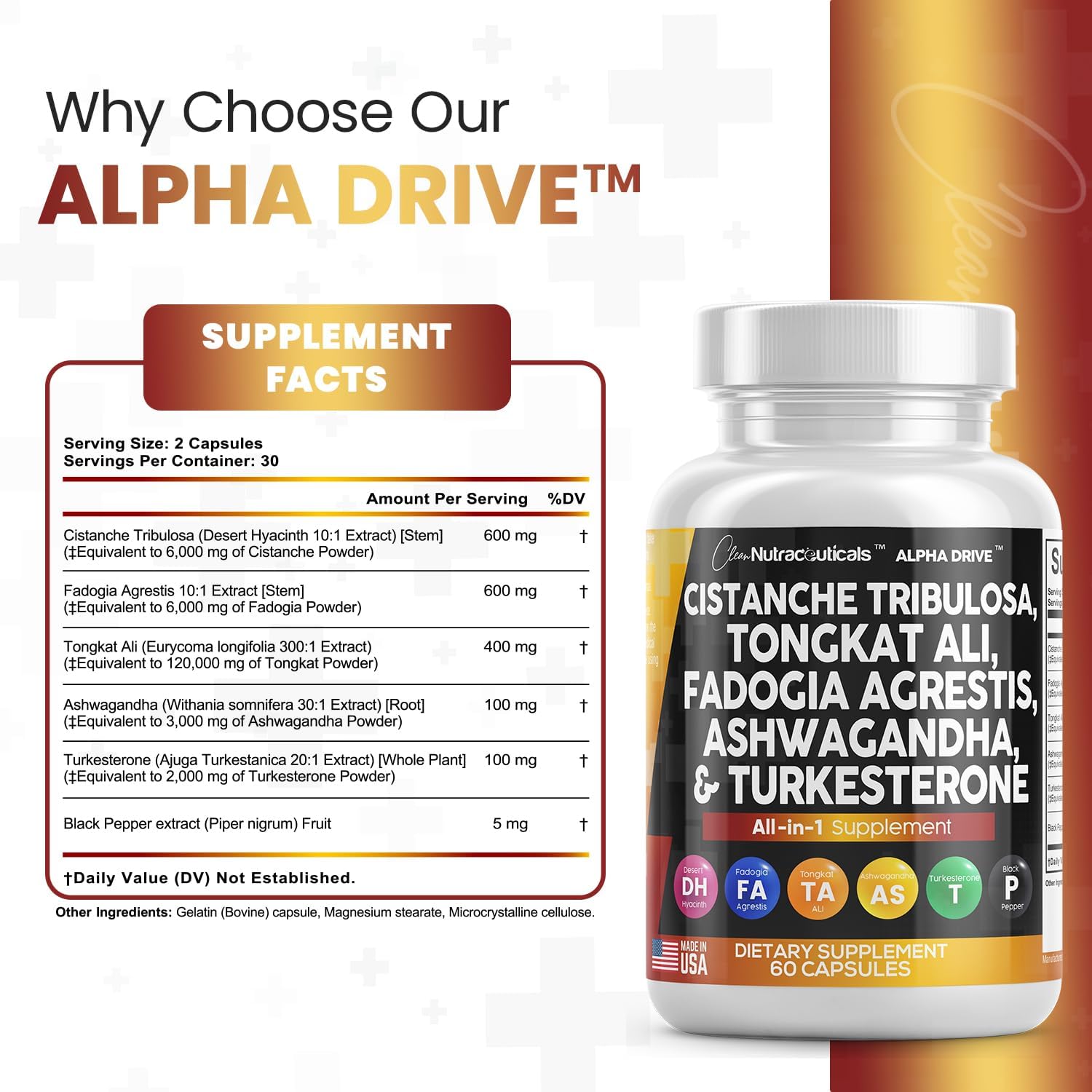 Clean Nutra Cistanche Tribulosa 6000mg Fadogia Agrestis 600mg Tongkat Ali 400mg Turkesterone Pills