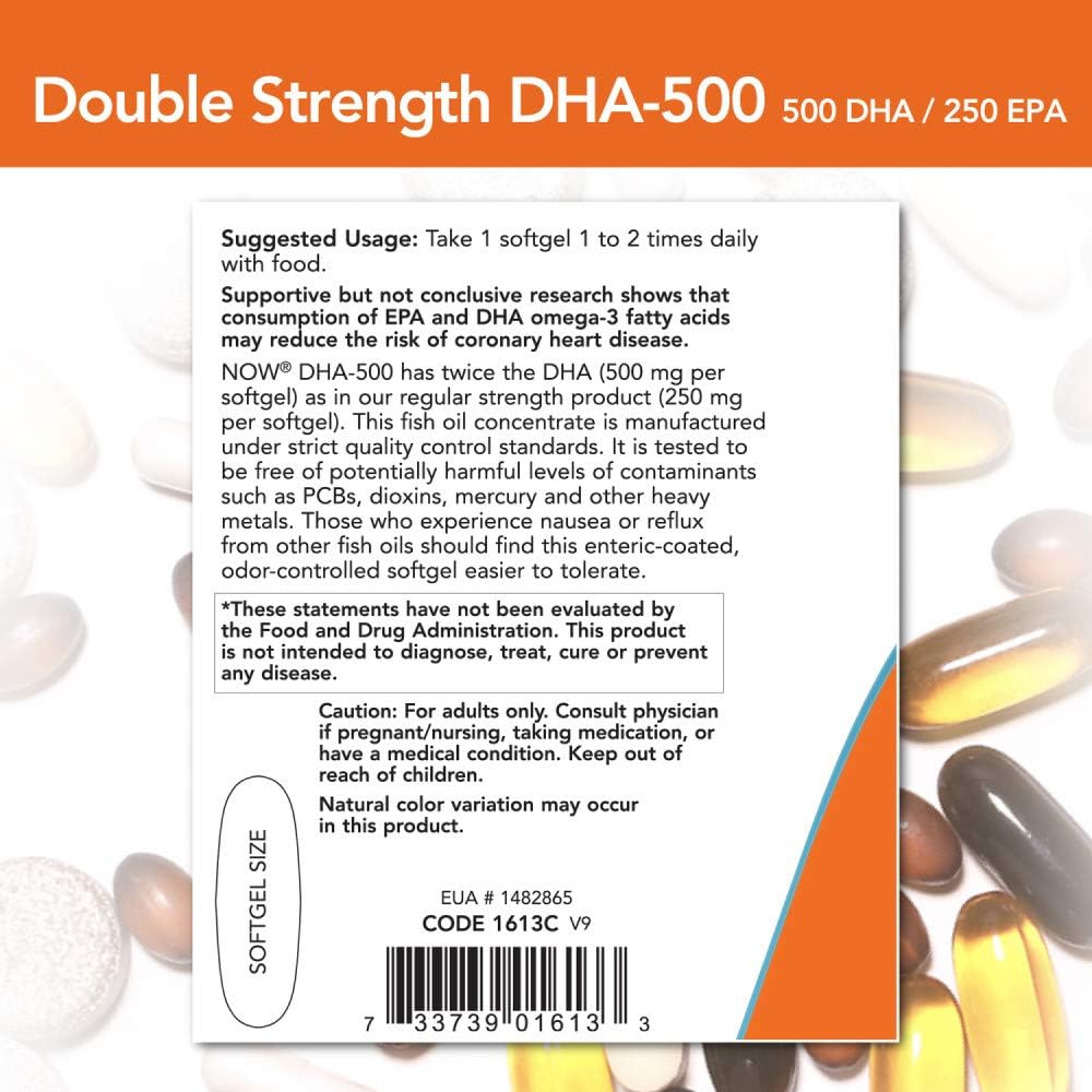 NOW Supplements, DHA-500 with 250 EPA, Molecularly Distilled, Supports Brain Health, 180 Softgels - Image 3