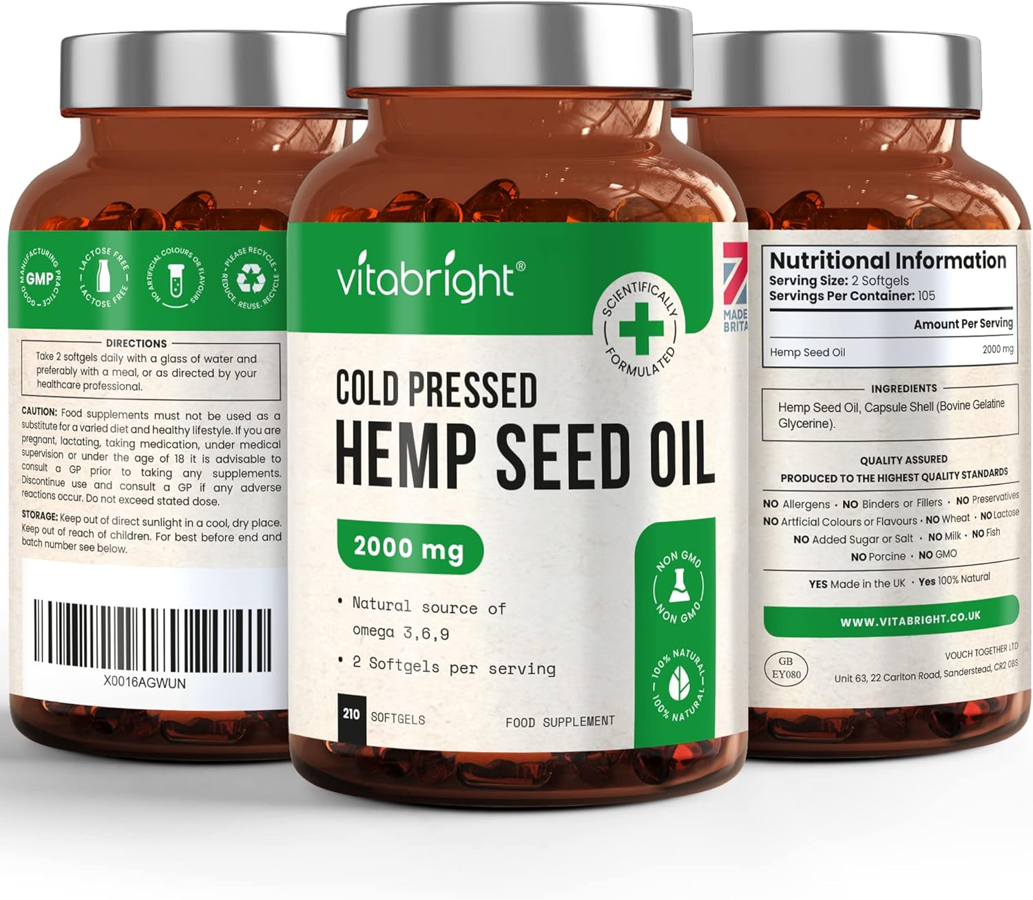 VitaBright Hemp Seed Oil Capsules 2000mg 210 Softgel Capsules