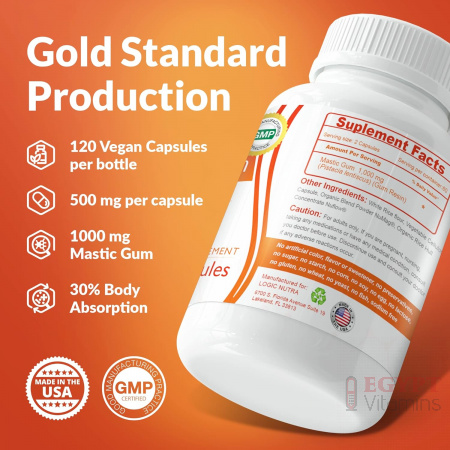 ingredients of Logic Nutra Mastic Gum 1000 mg, Dietary Supplement for Gastrointestinal Health Support - Duodenal, Stomach, Digestive System, Immune Function and Oral Health - Pylori Plex - 120 Veggie Caps