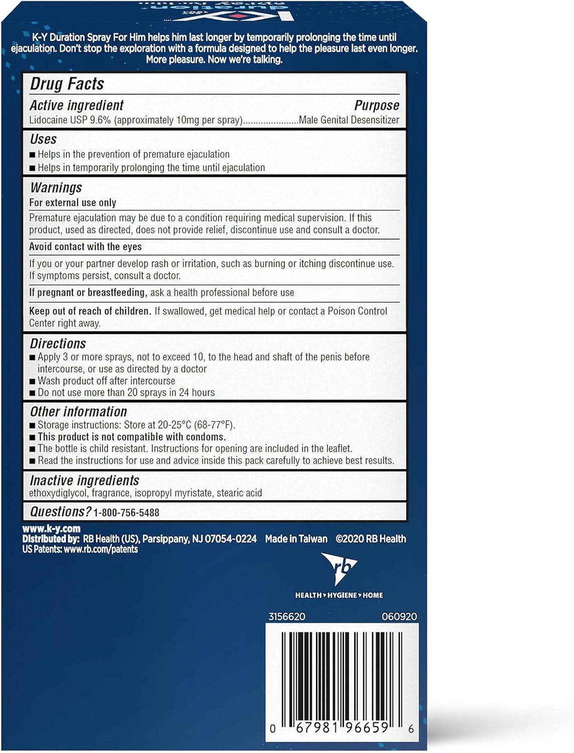 K-Y Duration Delay Spray, Ingredients