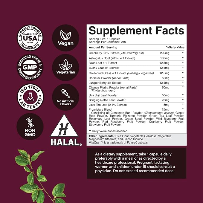Kidney Support Cranberry Supplement for Women and Men - High Strength Kidney Cleanse Detox & Repair Formula with Stinging Nettle and Astragalus for Kidney and Bladder Health - Non-GMO Halal and Vegan - Image 6
