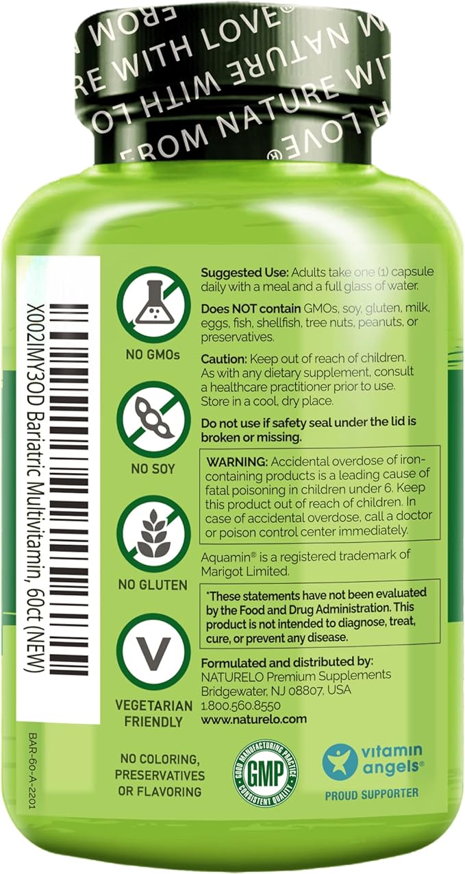NATURELO Bariatric Multivitamin - One Daily with Iron - Supplement for Post Gastric Bypass Surgery Patients - Natural Whole Food Nutrition - 60 Veggie Capsules - Image 3