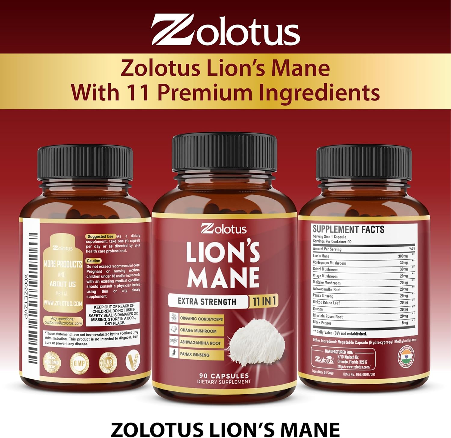 Zolotus Lions Mane Mushroom Complex 11-in-1 | 90 Capsules