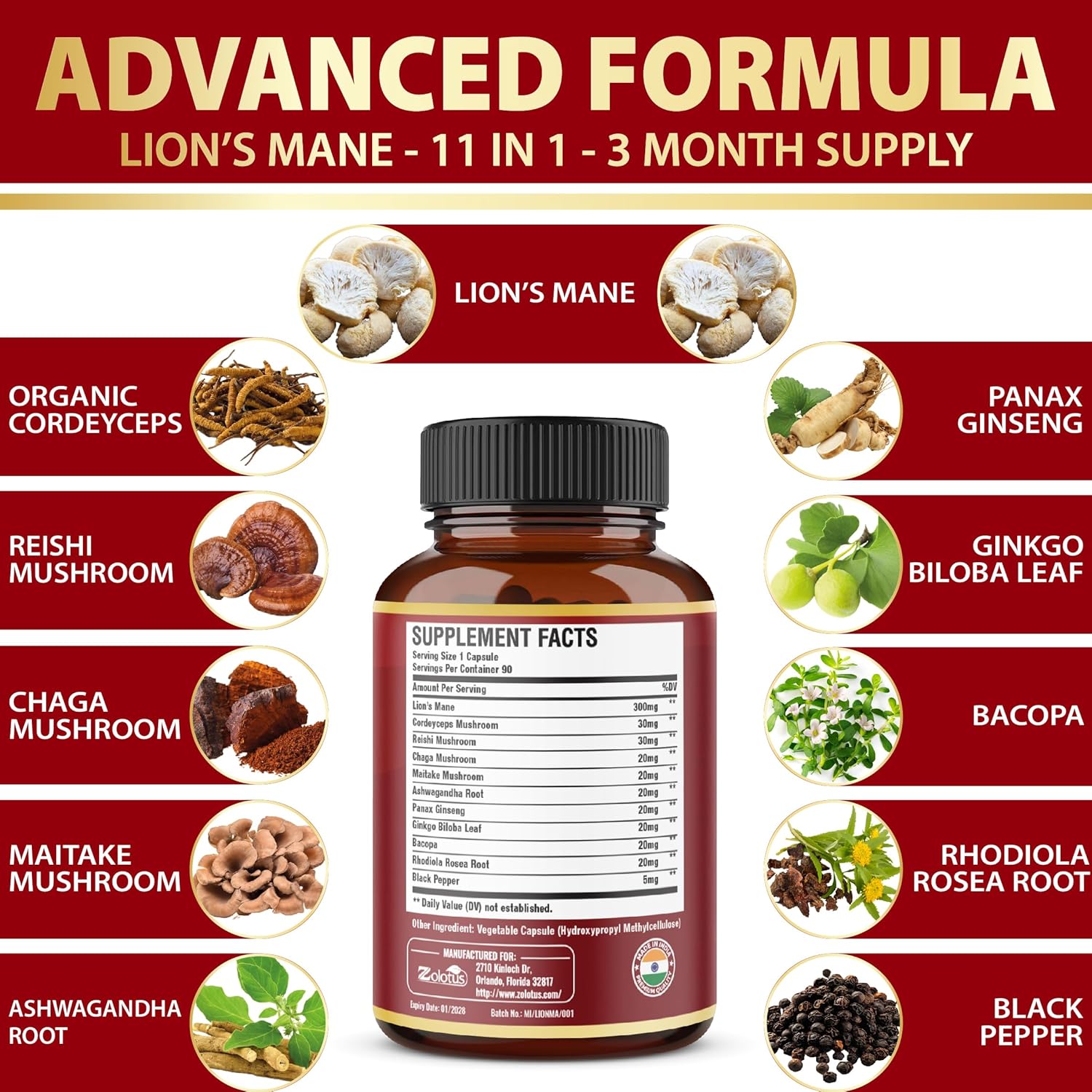 Zolotus Lions Mane Mushroom Complex 11-in-1 | 90 Capsules - Image 5