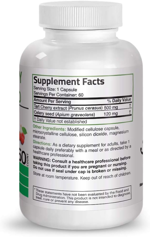 Bronson Tart Cherry Extract + Celery Seed Capsules - Powerful Uric Acid Cleanse, Joint Mobility Support & Muscle Recovery Supplement - 60 Capsules كبسولات الكرز مع بذور الكرفس، لتطهير الجسم من حمض اليوريك، ولصحة المفاصل والعضلات، 60 كبسولة نباتية - Image 2