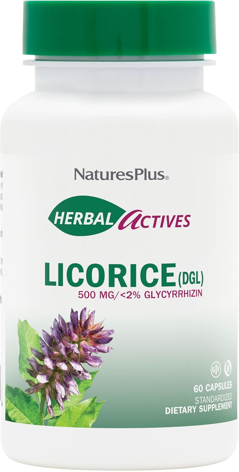 NaturesPlus Herbal Actives Licorice (DGL) Capsules - 500mg, 60 Vegan Supplements - Vegetarian, Gluten-Free - 60 Servings <BR/> كبسولات عرق السوس العشبية من ناتشرز بلس - 500 ملجم، 60كبسولة