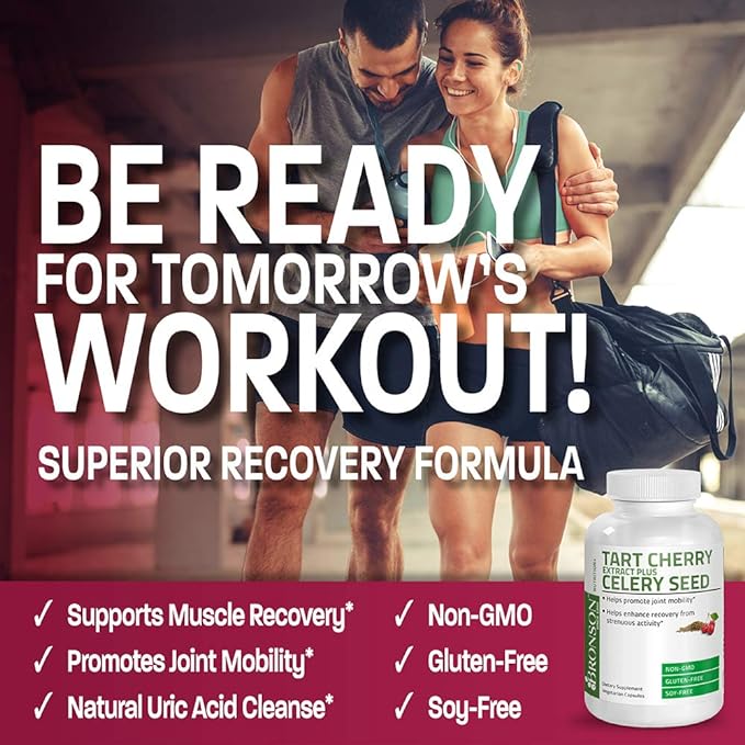 Bronson Tart Cherry Extract + Celery Seed Capsules - Powerful Uric Acid Cleanse, Joint Mobility Support & Muscle Recovery Supplement - 60 Capsules كبسولات الكرز مع بذور الكرفس، لتطهير الجسم من حمض اليوريك، ولصحة المفاصل والعضلات، 60 كبسولة نباتية - Image 4