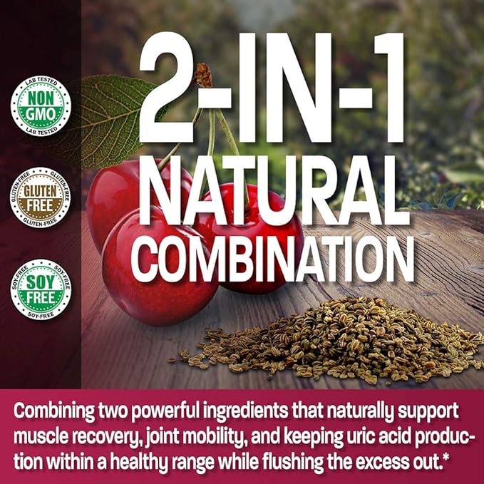 Bronson Tart Cherry Extract + Celery Seed Capsules - Powerful Uric Acid Cleanse, Joint Mobility Support & Muscle Recovery Supplement - 60 Capsules كبسولات الكرز مع بذور الكرفس، لتطهير الجسم من حمض اليوريك، ولصحة المفاصل والعضلات، 60 كبسولة نباتية - Image 3