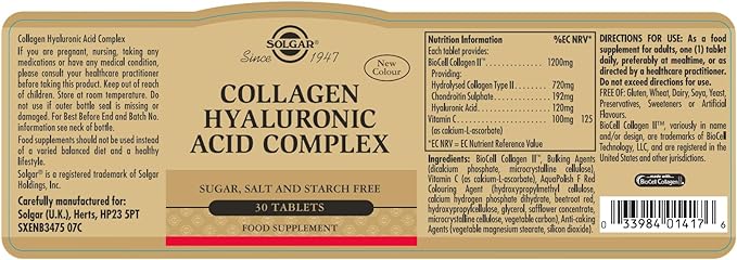 Solgar Collagen Hyaluronic Acid Complex, 30 Tablets - Hydrolyzed Collagen Type 2 - Helps with Fine Lines & Wrinkles - Boosts Skin Collagen & Elasticity - Non-GMO, Gluten & Dairy Free - 30 Servings - Image 3
