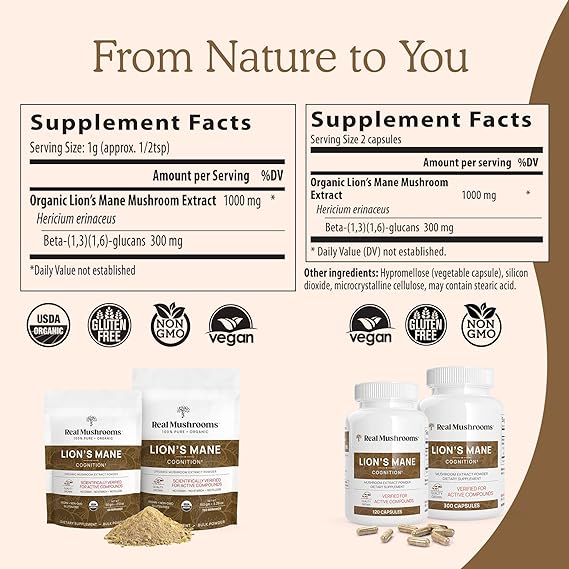 Lion’s Mane Capsules for Brain & Immune Support: Made using hand-picked Lion’s Mane mushroom extract, our supplement provides impressive benefits to support cognitive function and overall well-being. Organic Mushroom Extract: Our mushroom capsules are only made from 100% mushrooms (fruiting bodies), not mycelium grown on grain like most brands. It contains no grains, additives, or fillers. Measured Beta-Glucans: Verified by 3rd-party labs, our organic mushroom supplement has >30% beta-glucans per capsule, helping to naturally support your immune system. How to Take: Adults take 2 capsules daily. You can also break a few capsules open and add them to your meal or drink. Our mushroom beta glucan supplements are gluten-free, non-GMO, & vegan. Mushrooms Made Real: At Real Mushrooms, we produce organic mushroom supplements that support overall health. Our products contain 100% organic mushrooms, carefully sourced and processed for potency & efficacy.