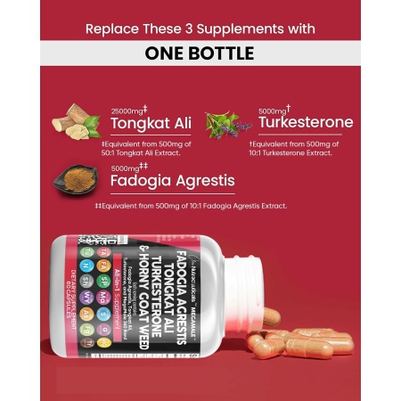 Fadogia Agrestis 5000mg Tongkat Ali 25000mg Turkesterone 5000mg Supplement with Horny Goat Weed, Saw Palmetto, Maca Root, Siberian Ginseng, Tribulus Terrestris, Fenugreek, Wild Yam - 60 Count