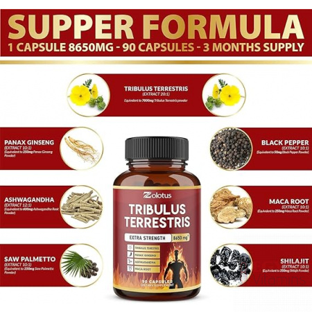Zolotus Tribulus Terrestris, 8650mg Per Capsule, High Potency with Ashwagndha, Panax Ginseng, Saw Palmetto, Maca, Shilajit. Boost Energy, Mood, Stamina & Performance, for Men & Women, 3 Months Supply.