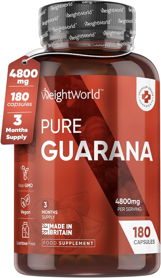 Caffeine Supplement with No Jitter - 4X More Caffeine Than Coffee - 180 Guarana Capsules (3 Months Supply) - Vegan & Natural Caffeine Pills with No After Effects - Guarana Tablets Alternative
