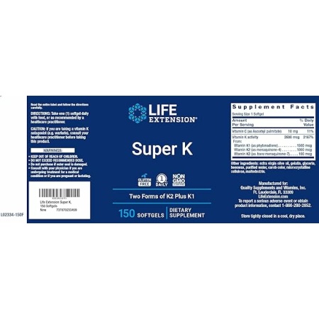 Life Extension Super K, 150 Softgels, with Vitamin K1 and K2 - MK4 & MK7