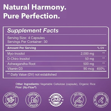 Myo-Inositol & D-Chiro Inositol 401 Blend + Vitamin D3 + Ashwagandha - Vegan Capsule - Hormone Balance & Healthy Ovarian Support for Women - 100% All-Natural PCOS Supplement - Made in USA