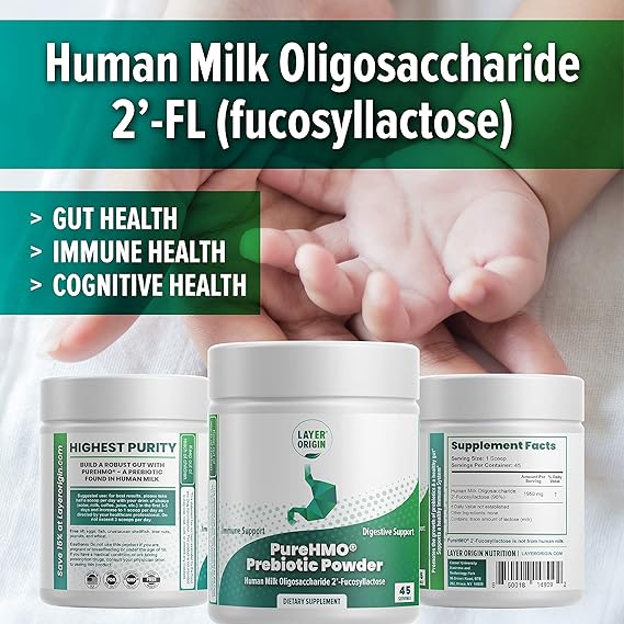 Layer Origin PureHMO Human Milk Oligosaccharide (HMO 2'-FL) Prebiotic Powder - Feed 200 Billion ProbioticsScoop, 45 Servings
