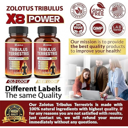 Zolotus Tribulus Terrestris, 8650mg Per Capsule, High Potency with Ashwagndha, Panax Ginseng, Saw Palmetto, Maca, Shilajit. Boost Energy, Mood, Stamina & Performance, for Men & Women, 3 Months Supply.