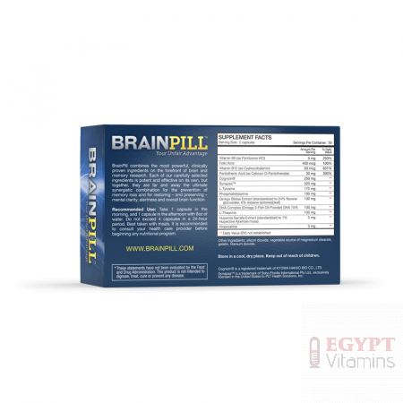 Fight Memory Loss And Stay on Your Game Recall Things Faster Improve Short and Long-Term Memory Think Better Under Pressure Have Stronger Concentration Skills Be More Productive Memory loss and related cognitive decline is a sad road to travel. But BrainPill® may help you reduce that. We’ve formulated it with clinically studied natural nootropics like Cognizin®, which nourish and support memory through the aging process. You may also notice it’s easier to pick up new skills with BrainPill. A sharp memory is a good measure of general intelligence. Add BrainPill to your order to help boost your brain power and support your memory. Back To The Top Your brain will love BrainPill®. It's a memory-boosting formula of natural ingredients that have shown to increase cognitive skills, productivity and otherwise help folks perform under pressure. The BrainPill formula includes Cognizin Cognizin® (Citicoline) Citicoline is a water compound present in every cell of the body. Studies show that it boosts neuron activity, supports brain metabolism and protects brain cells from damage. It's shown to boost verbal memory, as well. Bacopa Monnieri Bacopa Monnieri - Synapsa This is a standardized and patented extract of Bacopa Monnieri. It’s a plant common in Ayurvedic Medicine. Several studies show that it boosts cognitive function, which is the ability to process visual information and absorb data. Huperzine Huperzine A Huperzine A is an alkaloid from a club moss. Research suggests it reduces the breakdown of a neurotransmitter called AcH, which helps alertness and memory. Vinpocetine Vinpocetine Vinpocetine is a plant that supports memory. It also increases blood flow to the brain to enable it to use oxygen and assist with metabolism. Ginkgo Biloba Ginkgo Biloba Long a part of Chinese medicine, Ginkgo Biloba helps distribute blood glucose and oxygen throughout the brain. It also has powerful antioxidant effects, which may help buffer against the degeneration of brain matter. Vitamin B12 Vitamin B12 Well known for its work with nerve function and red blood cells, Vitamin B12 may help protect against brain atrophy as well. Vitamin B6 Vitamin B6 Well known for its work with nerve function and red blood cells, vitamin B12 may help protect against brain atrophy, as well. DHA Complex DHA Complex DHA enhances cognitive function and plays a key role in the functioning of brain cells. Phosphatidyl Serine Phosphatidylserine (PS) Derived from lecithin, PS appears to improve focus, memory, mood and short-term memory. It also supports the functioning of brain cells and neurotransmitters. Tyrosine Tyrosine An amino acid that boosts dopamine, the “feel good” neurotransmitter, Tyrosine helps improve focus and energy. Theanine Theanine Theanine is an amino acid in green tea. It can raise serotonin levels and may improve memory and learning ability. Pantothenic Acid Pantothenic Acid - Vitamin B5 Pantothenic Acid boosts energy and may have a protective effect against stress. Folic Acid Folic Acid - Vitamin B9 Folic Acid is essential for brain function. It supports mental and emotional health. Folic acid also works with vitamin B12 to make red blood cells and transport iron throughout the body.