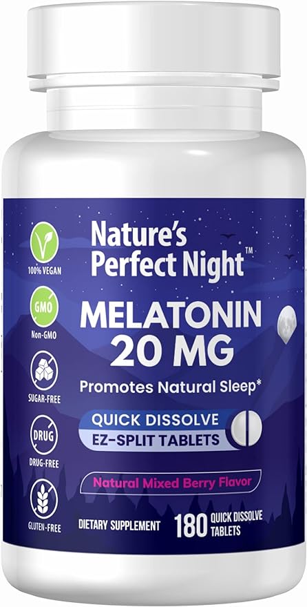 Nature's Perfect Night | Melatonin 20mg | 180 Quick Dissolve Tablets | Natural Mixed Berry Flavor