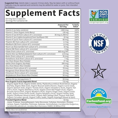 Garden of Life Prenatal Multivitamin for Women from Whole Foods with Biotin, Iron & Folate not Folic Acid, Probiotics for Immune Support - Vitamin Code Raw - Pregnancy Must Haves - 180 capsules