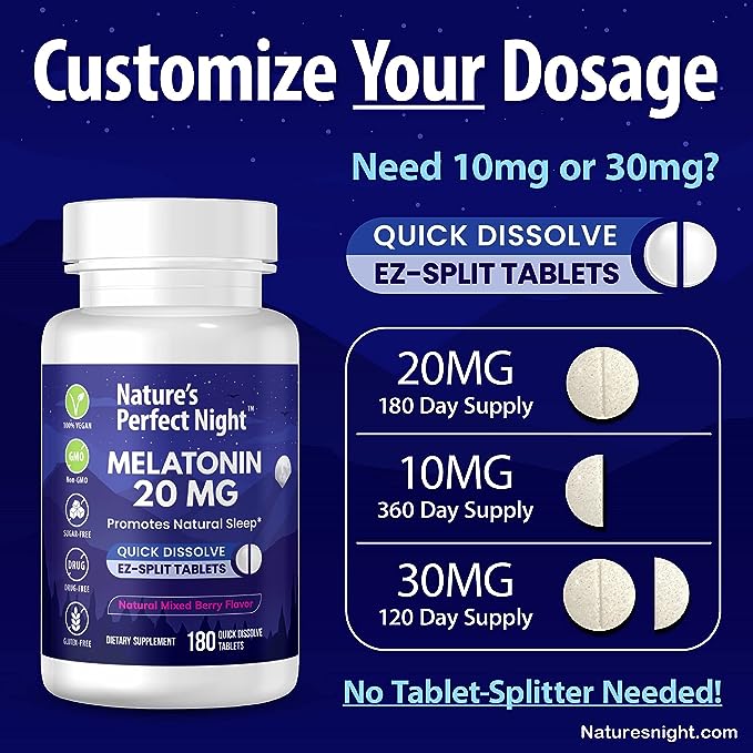 Nature's Perfect Night | Melatonin 20mg | 180 Quick Dissolve Tablets | Natural Mixed Berry Flavor