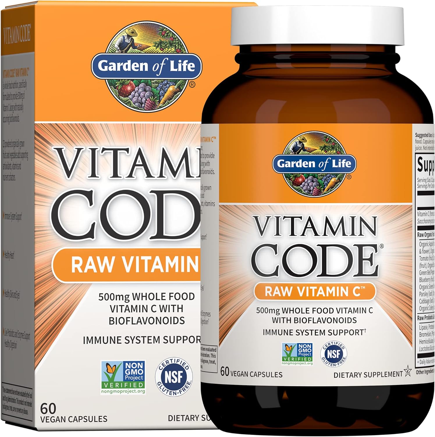 Whole Food Raw Vitamin C 500mg | Garden of Life Natural Supplements | 60 Capsules