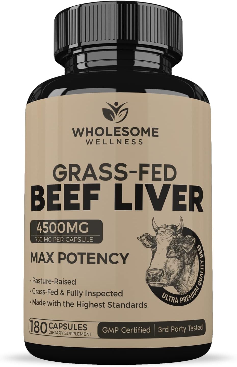Wholesome Wellness Grass Fed Desiccated Beef Liver Capsules,180 Pills, 750mg