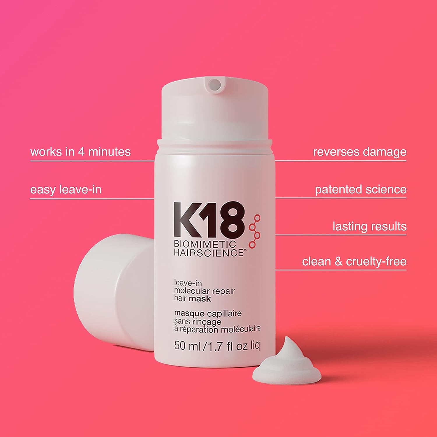 K18 Leave-In Molecular Hair Mask, Repairs Dry or Damaged Hair