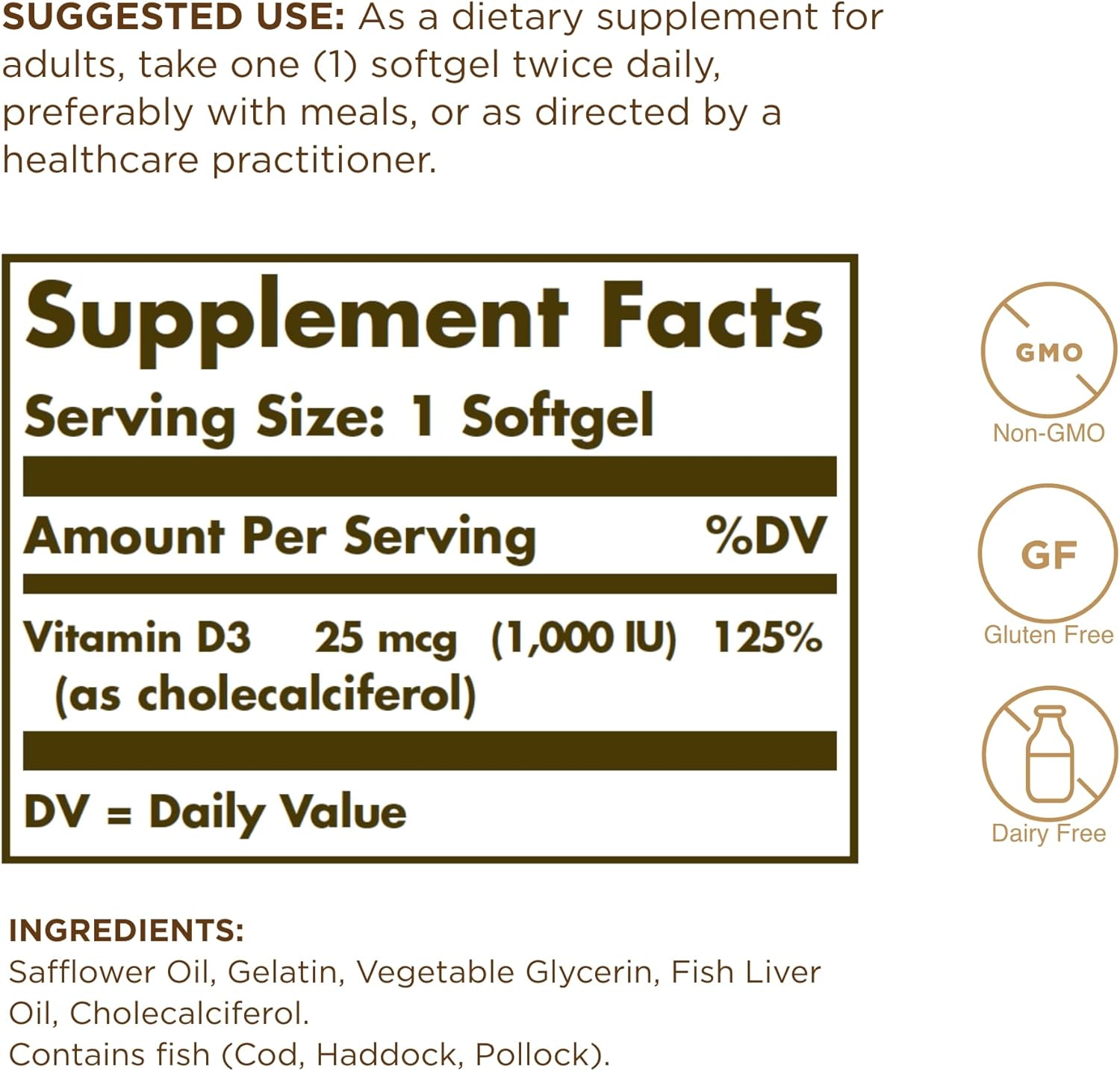 Solgar Vitamin D3 (Cholecalciferol) 25 MCG (1000 IU), 250 Softgels - Image 2