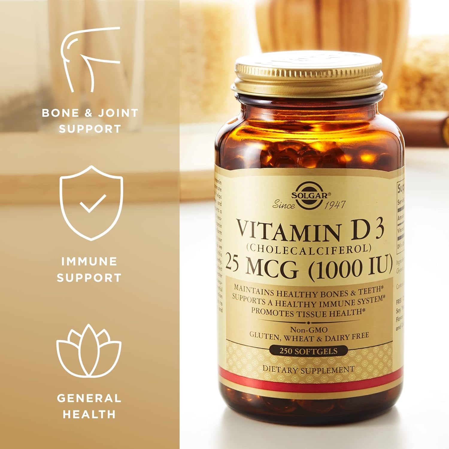 Solgar Vitamin D3 (Cholecalciferol) 25 MCG (1000 IU), 250 Softgels - Image 4
