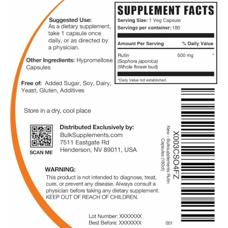 BulkSupplements.com Rutin 500mg Capsules - from Saphora japonica, Rutin Supplement, Rutin Pills - Antioxidants Supplement - Vegan & Gluten Free, 1 Capsule per Serving, 180 Veg Capsules