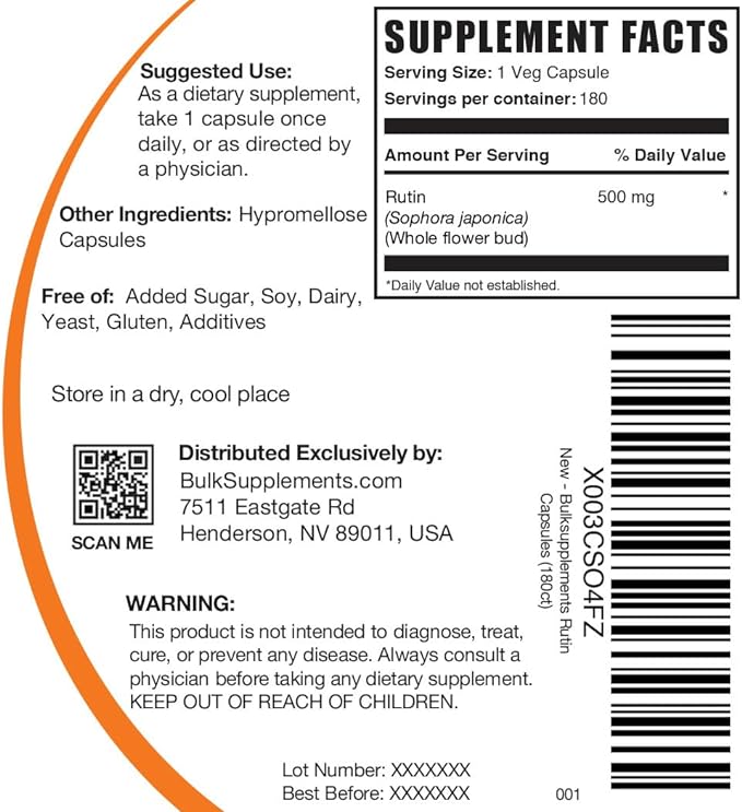 BulkSupplements.com Rutin 500mg Capsules - from Saphora japonica, Rutin Supplement, Rutin Pills - Antioxidants Supplement - Vegan & Gluten Free, 1 Capsule per Serving, 180 Veg Capsules
