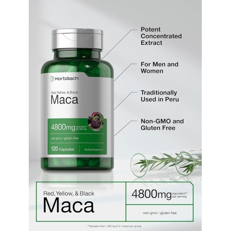 Horbäach Maca Root Capsules 120 Pills High Potency Extract for Men and Women Non-GMO and Gluten Free Formula