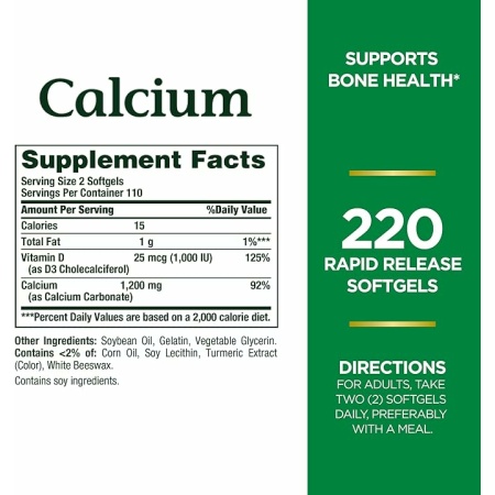 Nature's Bounty Calcium 1200 mg With Vitamin D3, Bone Health & Immune Support, 1000 IU, 220 Softgels