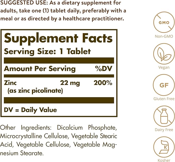 Solgar Zinc Picolinate 22 mg, 100 Tablets