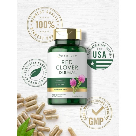 Carlyle Red Clover Capsules 1200mg | 200 Count | Trifolium Pratense | Non-GMO, Gluten Free | Red Clover Blossom Extract Supplement