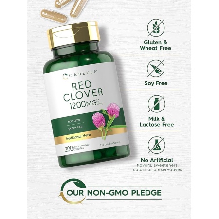 Carlyle Red Clover Capsules 1200mg | 200 Count | Trifolium Pratense | Non-GMO, Gluten Free | Red Clover Blossom Extract Supplement