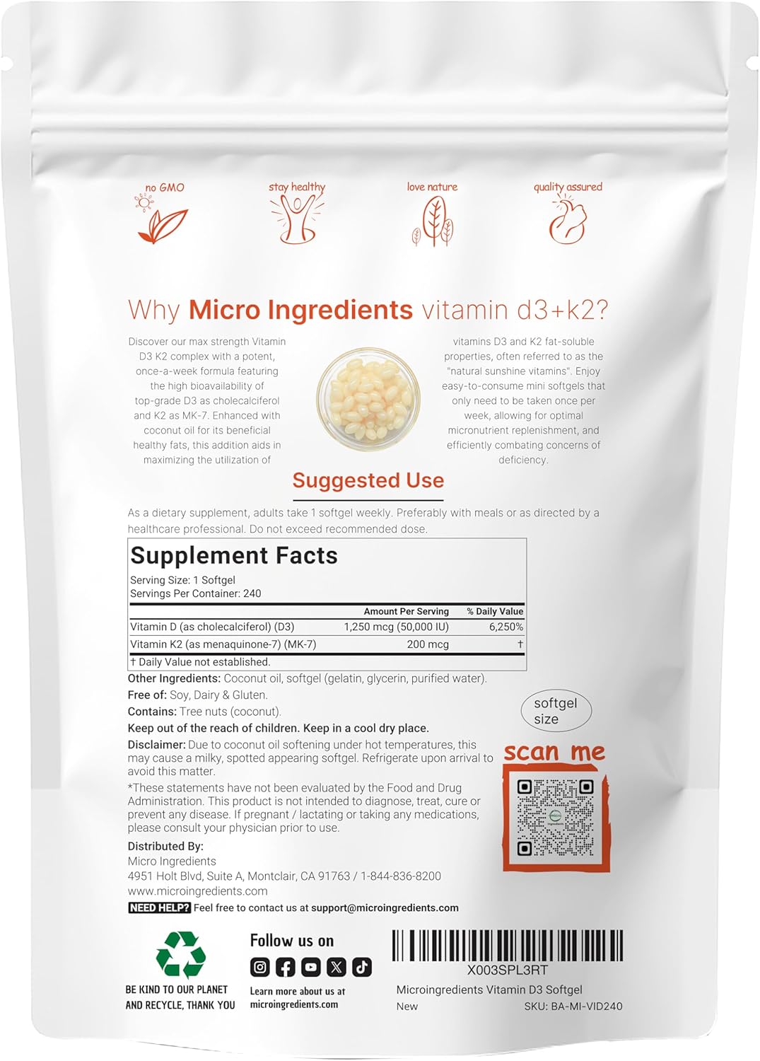 Micro-Ingredients Vitamin D3 50,000 IU+K2 200 mcg, 240 Softgels - Image 2