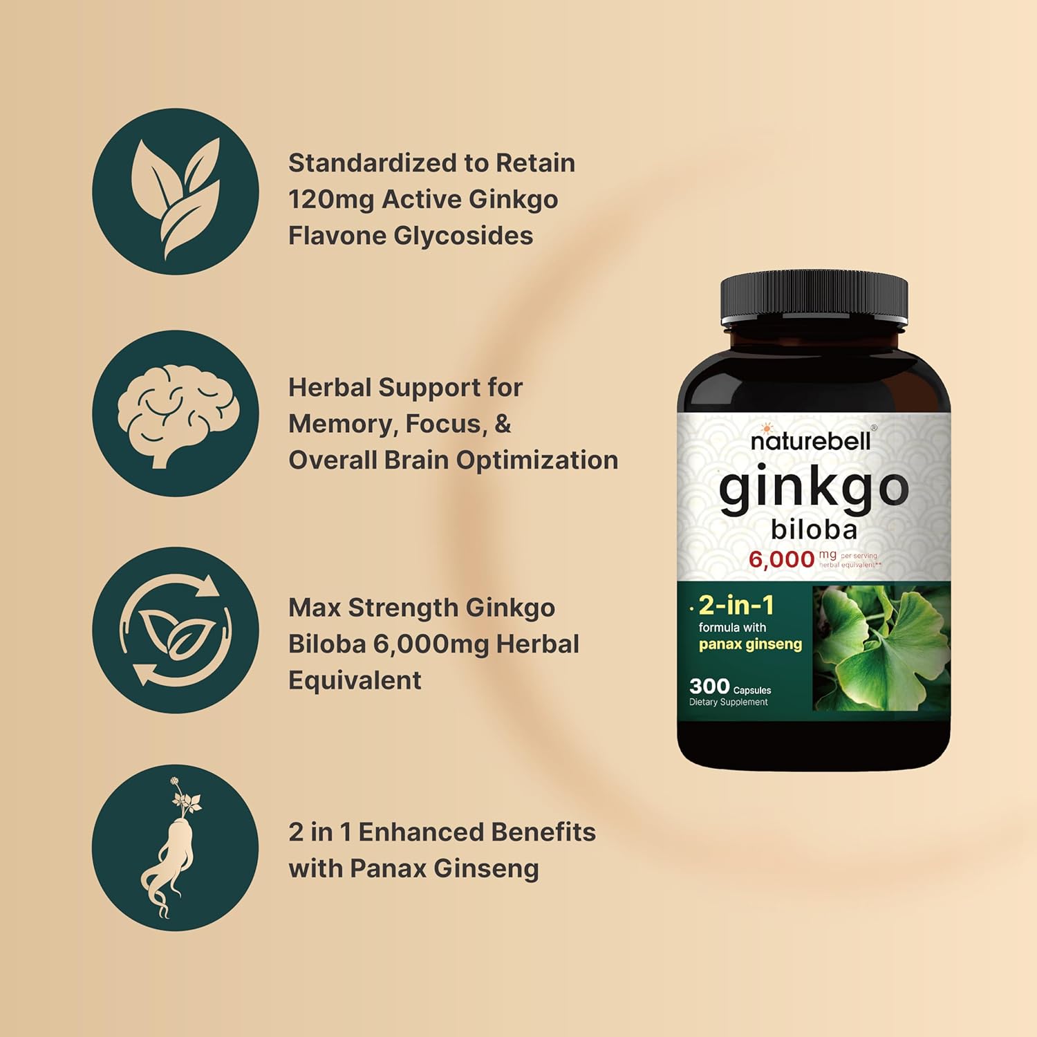 NatureBell Ginkgo Biloba 6,000mg, 300 Capsules - Image 3