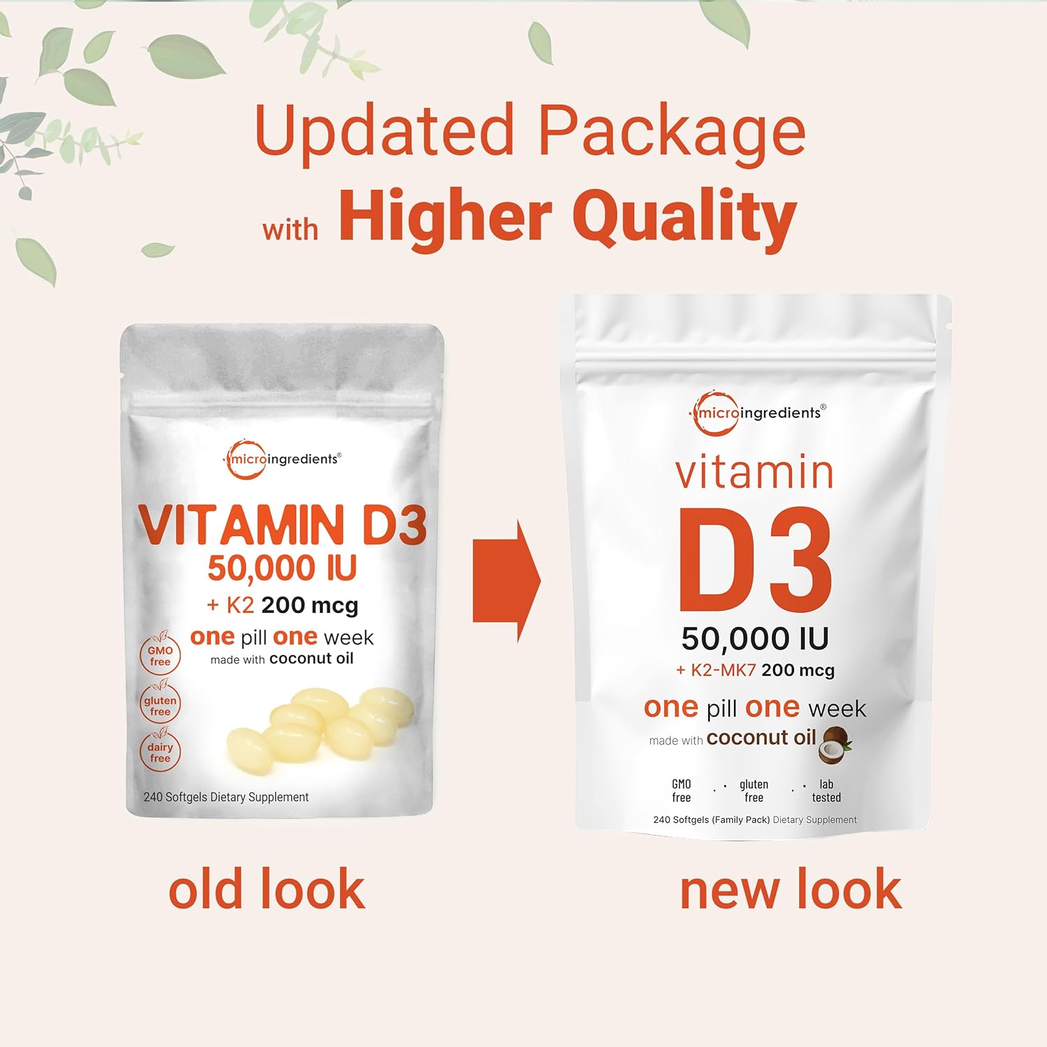 Micro-Ingredients Vitamin D3 50,000 IU+K2 200 mcg, 240 Softgels - Image 3
